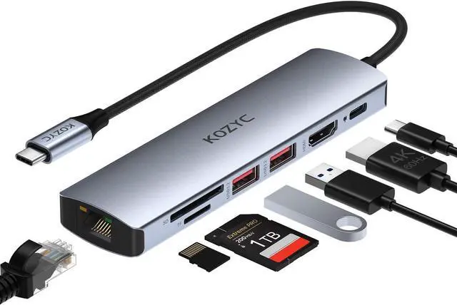 Main image of USB C Hub Ethernet Multiport Adapter, KOZYC 7-in-1 USB C Hub with HDMI 4K@60Hz, 1Gbps Ethernet, 100W PD, 2 USB 3.2 Gen2 10Gbps Data, SD/TF Card Slots Port, for MacBook Air/Pro, XPS13/15, Dell