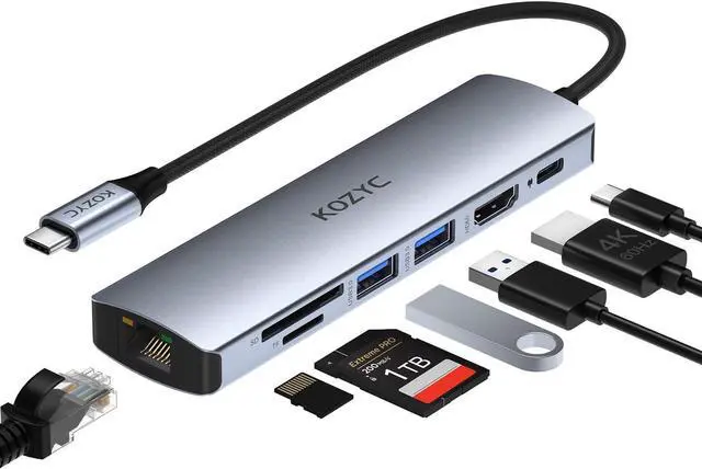 Main image of USB C Hub Multiport Adapter, KOZYC 7 in 1 USB C Hub with HDMI 4K 60Hz, 1Gbps Ethernet, 100W PD Charging, 2 USB 3.0 5Gbps Data, SD/TF Card Slots Port, for MacBook Air/Pro, XPS13/15, Dell, Steam Deck