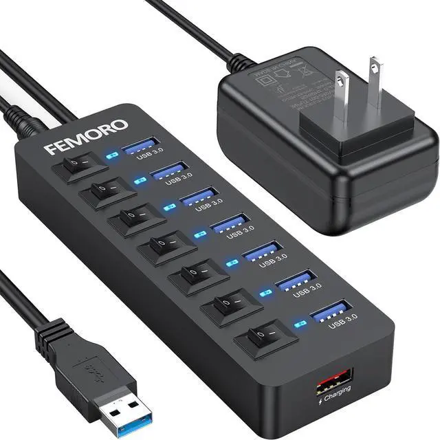 Main image of Powered USB Hub 3.0, FEMORO Data 7 Ports and USB Charging 1 Port Multi USB 3.0 Splitter with Individual LED Switches Power Adapter 4FT Extender Long Cable for Laptop Computer PC PS4 Flash Drive HDD