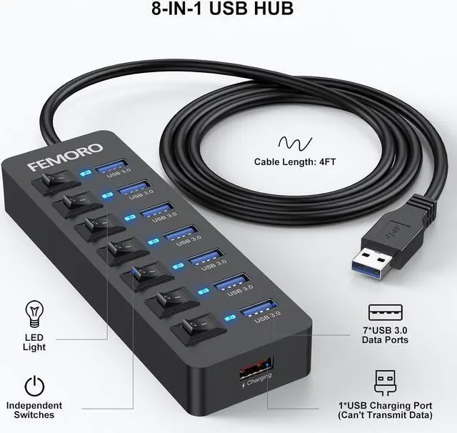 Alt view image 2 of 7 - Powered USB Hub 3.0, FEMORO Data 7 Ports and USB Charging 1 Port Multi USB 3.0 Splitter with Individual LED Switches Power Adapter 4FT Extender Long Cable for Laptop Computer PC PS4 Flash Drive HDD