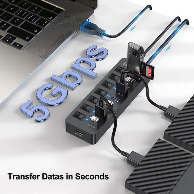 Alt view image 3 of 7 - Powered USB Hub 3.0, FEMORO Data 7 Ports and USB Charging 1 Port Multi USB 3.0 Splitter with Individual LED Switches Power Adapter 4FT Extender Long Cable for Laptop Computer PC PS4 Flash Drive HDD