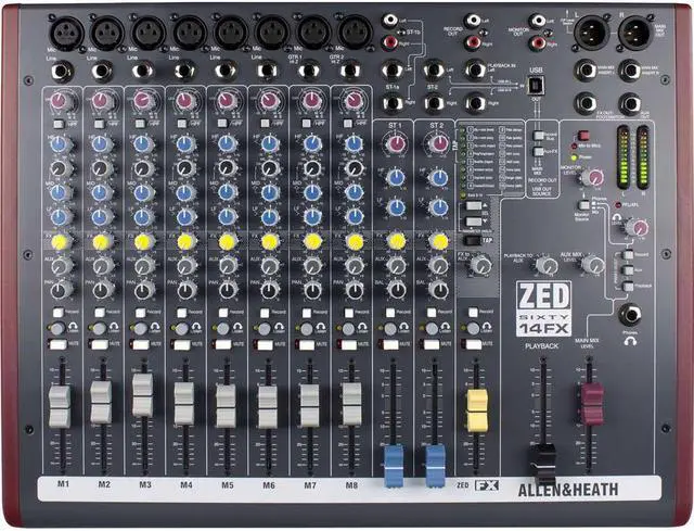 Alt view image 9 of 13 - Allen & Heath ZED60-14FX Multipurpose Mixer with FX and USB I/O Port, 8 Mic/Line/ 2 Stereo Inputs