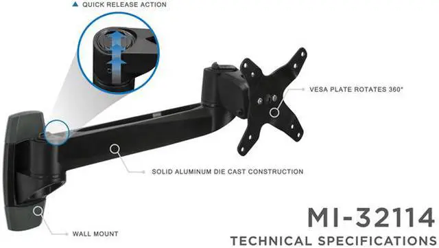 Alt view image 2 of 7 - Mount-It! Single Arm Wall Mount for 17-30 Inch Screens | TAA Compliant