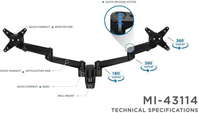 Alt view image 4 of 8 - Mount-It! Dual Monitor Wall Mount | Fits 19-24 Inch Screens | TAA Compliant | Silver