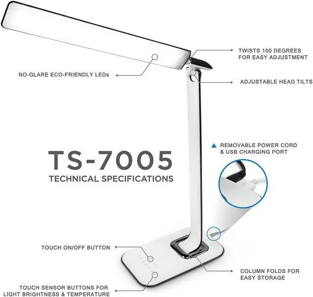 Alt view image 3 of 12 - Turcom LED DESK LAMP WITH SOFT TONE COLOR CHANGER AND USB CHARGER