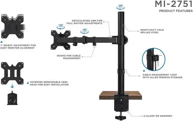 Alt view image 4 of 7 - Mount-It! Single Monitor Arm Mount | Motion Height Adjustable Articulating Tilt | Fits 19-27 Inch Screens
