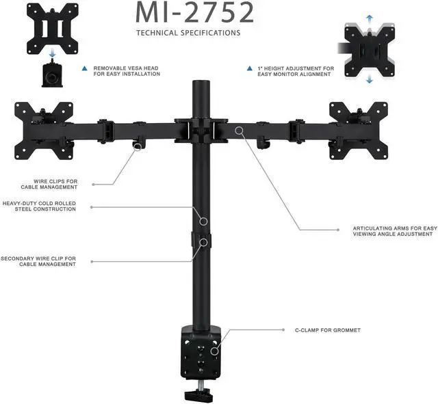 Alt view image 4 of 9 - Mount-It! Dual Monitor Desk Mount | Fits Up to 32" Screens | Full Motion Gaming VESA Mount