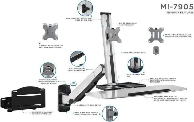 Alt view image 5 of 8 - Mount-It! Standing Computer Work Station with Articulating Monitor Mount, Keyboard Tray Arm and CPU Holder