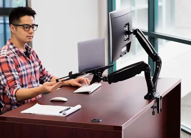 Alt view image 3 of 5 - Mount-It! Laptop and Monitor Desk Stand | VESA Monitor Desk Mount with Laptop Tray