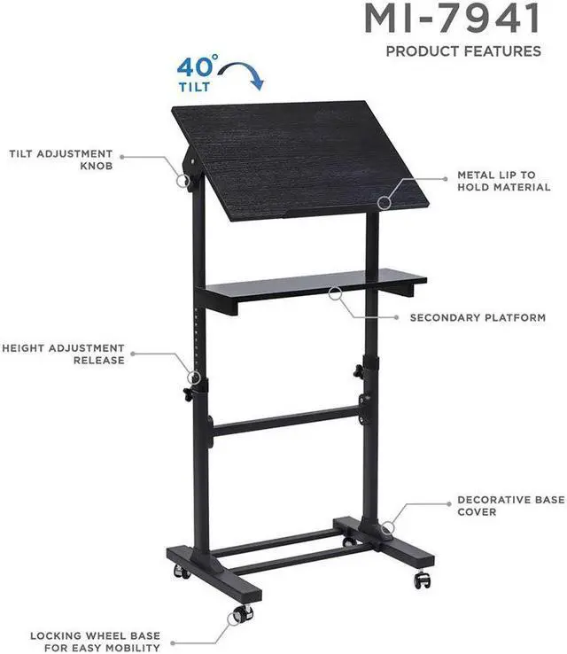 Alt view image 2 of 13 - Mount-It! Mobile Standing Desk | Portable Podium and Presentation Lectern | Black