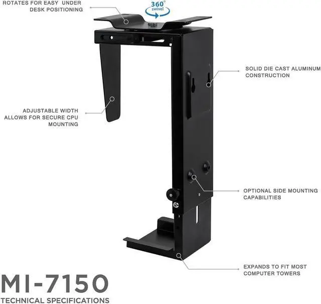 Alt view image 3 of 10 - Mount-It! CPU Under Desk Mount Bracket | 360 Degree Swivel