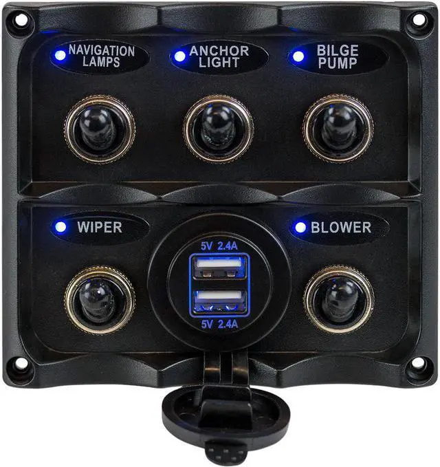 Main image of Sea-Dog Water Resistant Toggle Switch Panel w/USB Power Socket - 5 Toggle