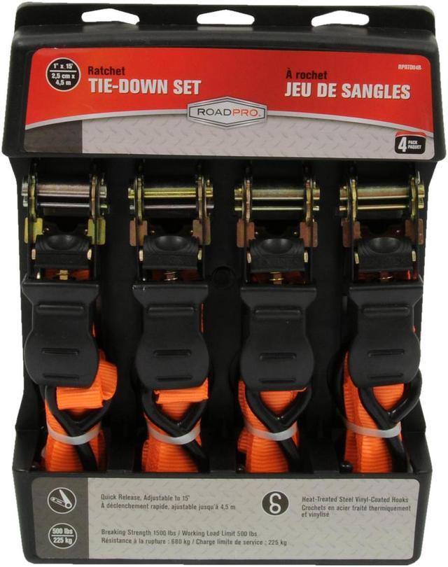 Alt view image 11 of 14 - RoadPro 1x15' Ratchet Tie-Downs with Anti-Scratch Hooks Orange 4-Piece Straps / Stretch Cords / Tie Downs