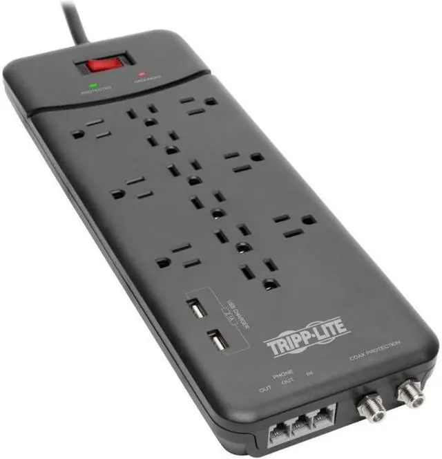 Alt view image 6 of 14 - Tripp Lite Surge Protector Power Strip 12 Outlets, 2 USB Charging Ports Tel/Modem/Coax