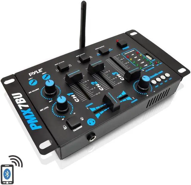 Main image of Pyle Bluetooth 3-Channel DJ MP3 Mixer, Mic-Talkover, USB Flash Reader, Dual RCA & Microphone Inputs, Headphone Jack