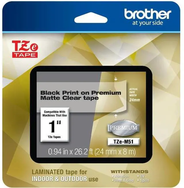 Alt view image 2 of 14 - Brother TZeM51 Black Print on Premium Matte Clear Laminated Tape for P-touch Label Maker, 24.00 mm (0.94”) wide x 8.00 m (26.20 ft.) long