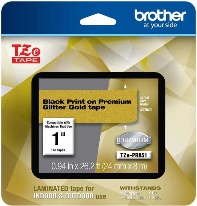 Main image of Brother TZePR851 Black Print on Premium Glitter Gold Laminated Tape for P-touch Label Maker, 24mm (0.94”) wide x 8m (26.2') long
