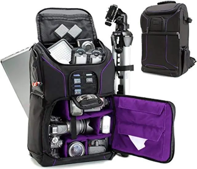 Alt view image 8 of 9 - Digital SLR Camera Backpack (Purple) with 15.6" Laptop Compartment by USA Gear features Padded Custom Dividers , Tripod Holder , Rain Cover and Storage for DSLR Cameras by Nikon , Canon , Sony