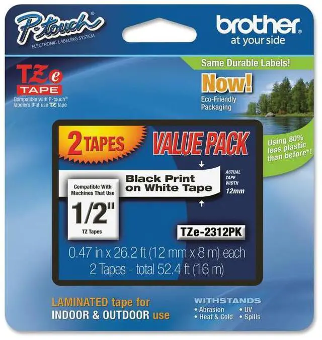 Alt view image 4 of 16 - Brother TZE2312PK Black Print on Premium White Laminated Tape for P-touch Label Maker, 12mm (0.47") wide x 8m (26.2') long - 2/Pack