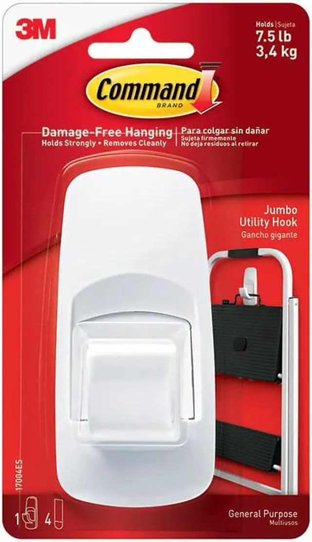 Alt view image 3 of 9 - 3M MMM17004 Jumbo Hooks- Adhesive- 1 Hook-4 Strips- 7-.50 lb Cap.- White
