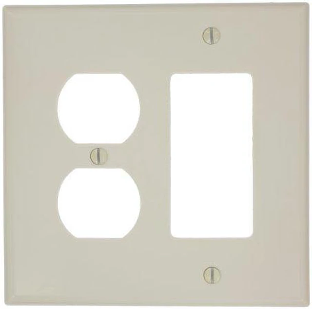 Main image of Leviton 2-Gang Combination Duplex Receptacle Outlet & Decora/GFCI/Rocker Switch Wall Plate, Unbreakable Thermoplastic, Midway Size, PJ826-T, Light Almond