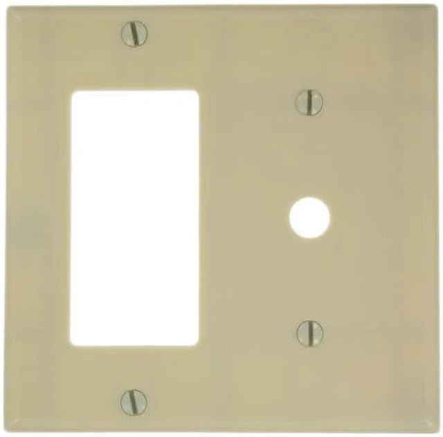 Main image of Leviton 2-Gang Combination Telephone/Coaxial Cable & Decora GFCI Rocker Switch Wall Plate, .406-Inch Diameter Opening, Standard Size Cover, Thermoset Plastic, 80479-I, Ivory