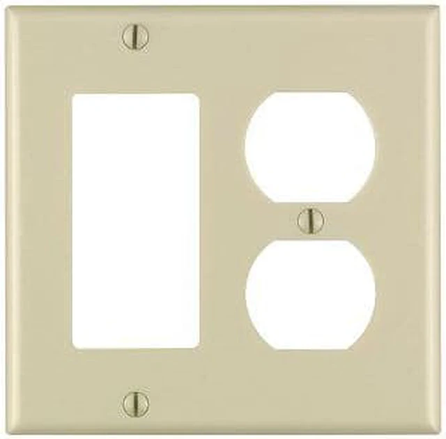 Main image of Leviton 2-Gang Combination Duplex Receptacle Decora GFCI Rocker Switch Wall Plate, Standard Size, Thermoset Plastic, Device Mount, 80455-I, Ivory