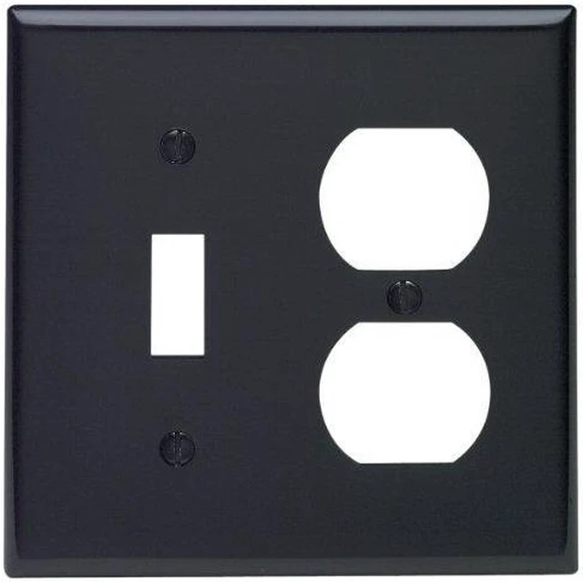 Main image of Leviton 2-Gang Combination Toggle Switch and Duplex Outlet Receptacle Wall Plate, Unbreakable Thermoplastic, Standard Size Cover, 80705-E, Black
