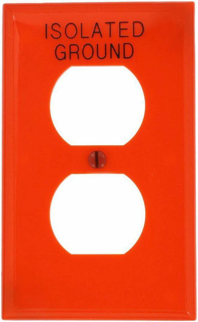 Main image of Leviton 80703-IG 1-Gang Duplex Receptacle Wall Plate, Permanently Hot Stamped "Isolated Ground", Standard Size Cover, Unreakable Thermoplastic, Device Mount, Orange (Pack of 1)