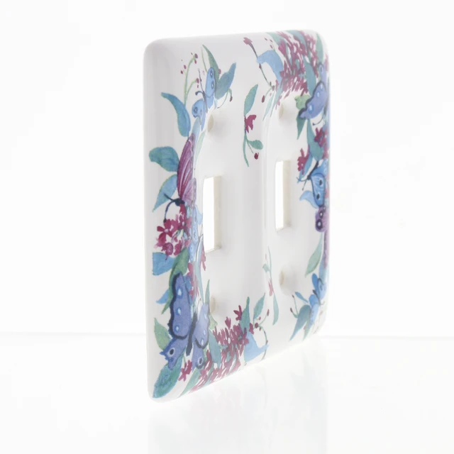 Alt view image 2 of 3 - Leviton Butterfly Pattern 2-Gang Porcelain Switch Cover Toggle Wallplate 89509-FLY
