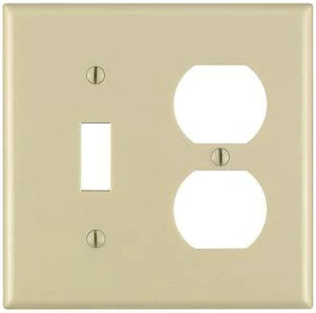 Main image of Leviton 86005 2-Gang Combination Duplex Receptacle Outlet & Toggle Light Switch Wall Plate, Standard Size, Thermoset Plastic, Ivory