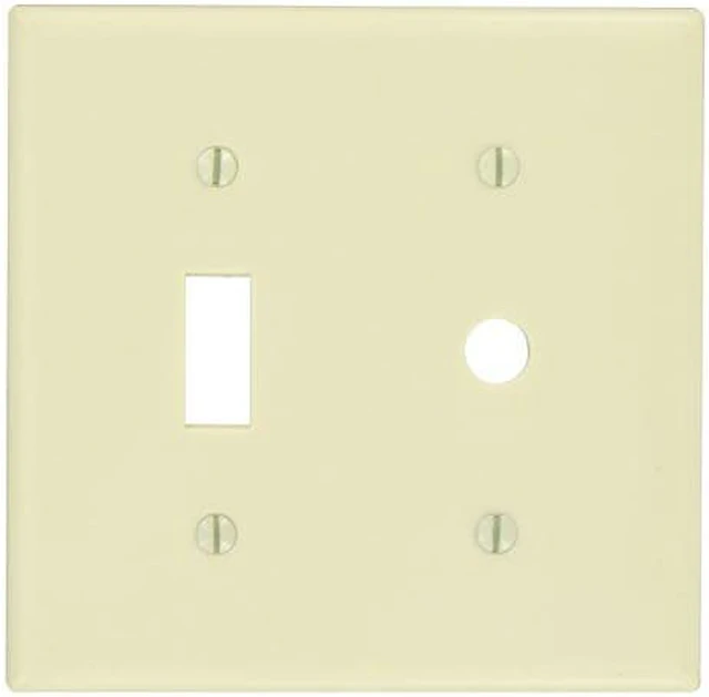 Main image of Leviton 86077 2-Gang Combination Toggle Light Switch & Dimmer Wall Plate, .406" Diameter Opening, Standard Size, Thermoset Plastic, Ivory
