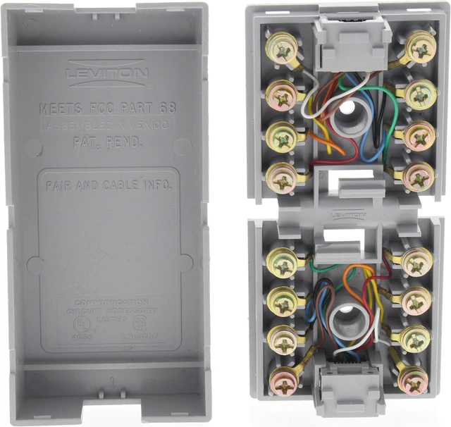 Main image of Leviton 40298-G Duplex Modular Telephone Jack, 8-Position 8-Conductor, RJ45 Type 635 RJ31X, Surface Mount, Gray