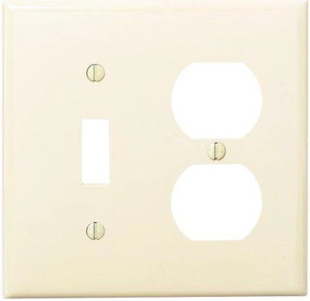 Main image of Leviton 2-Gang Combination Toggle Switch and Duplex Outlet Receptacle Wall Plate, Unbreakable Thermoplastic, Standard Size Cover, 80705-I, Ivory
