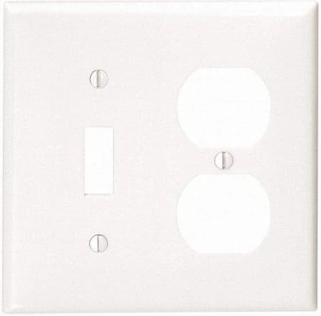 Main image of Leviton 2-Gang Combination Toggle Switch and Duplex Outlet Receptacle Wall Plate, Unbreakable Thermoplastic, Standard Size Cover, 80705-W, White