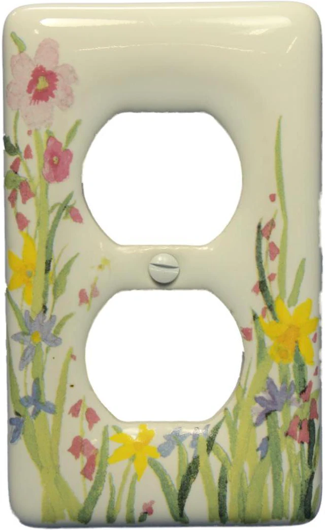 Main image of Leviton Wildflower Pattern Porcelain Receptacle Wallplate Duplex Outlet Cover 89503-WFL