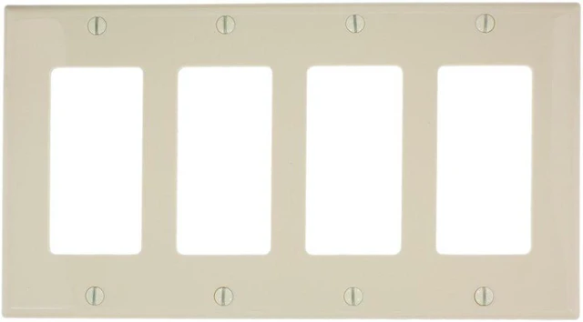 Main image of Leviton 4-Gang Decora GFCI Rocker Switch Wall Plate, Standard Size Cover, Unbreakable Nylon, Device Mount, 80412-NA, Almond