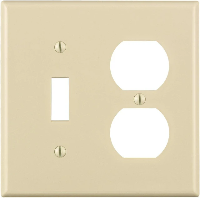 Main image of Leviton 2-Gang Combination Toggle Switch and Duplex Outlet Receptacle Wall Plate, Unbreakable Thermoplastic, Standard Size Cover, 80705-A, Almond
