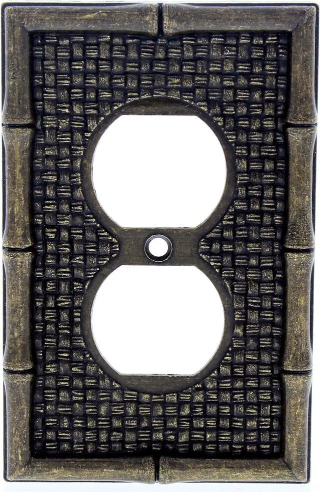 Alt view image 3 of 4 - Leviton Antique Brass Tiki Bamboo Receptacle Wallplate Duplex Outlet Cover 89603
