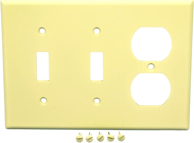 Main image of Leviton 82021 Almond Three Gang Combination Two Toggle Switch One Duplex Receptacle Wall Plate