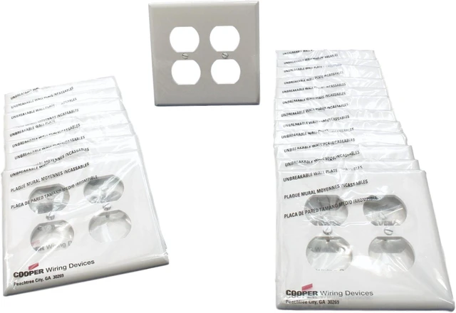 Main image of Cooper Wiring Devices PJ82W 2-Gang Duplex Receptacle Wall Plate, Unbreakable Polycarbonate, Mid-Size, White (Pack of 20)