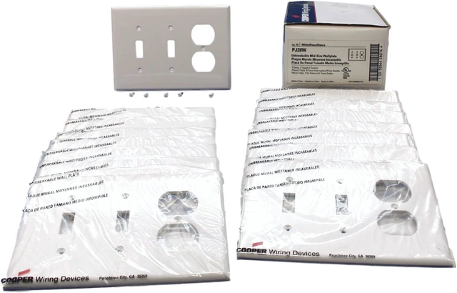 Main image of Cooper Wiring Devices PJ28W 3-Gang Combination Toggle Switch Duplex Outlet Wall Plate, Unbreakable Polycarbonate, Mid-Size, White (Pack of 15)