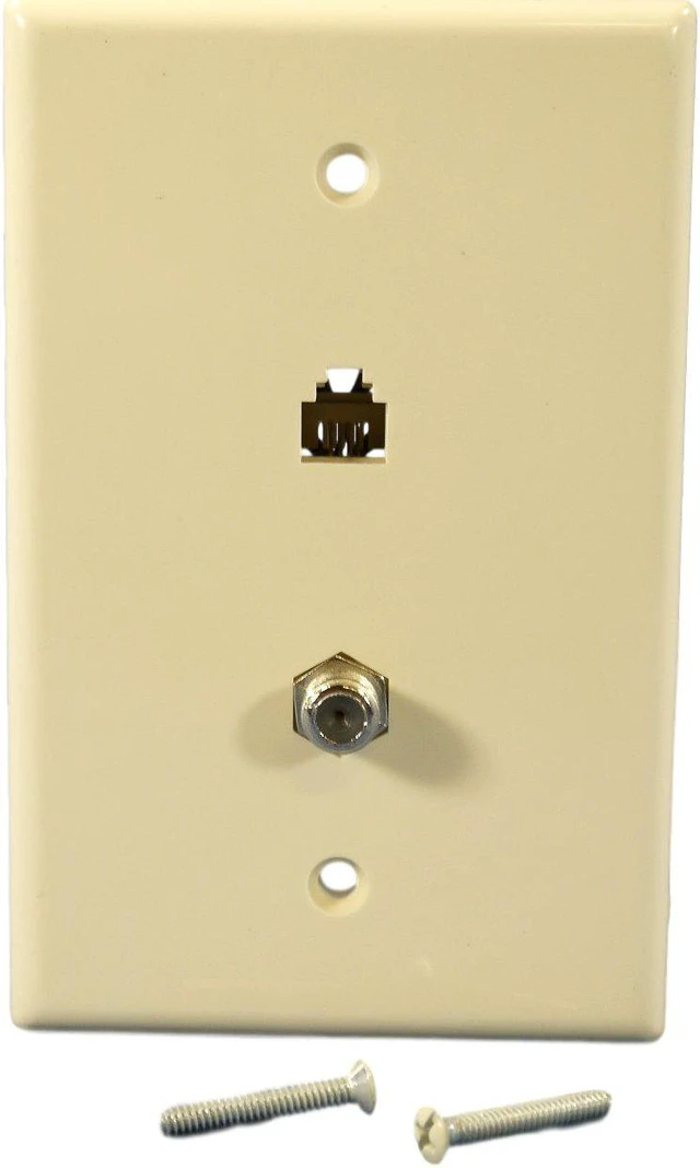 Main image of Cooper Wiring Devices 3536-4A Combination Coaxial Cable Telephone Jack Wall Plate, 4-Wire 6-Position, F-Type Video Jack, Mid-Size, Unbreakable Thermoplastic, Almond