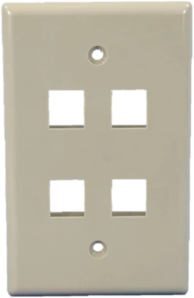Main image of Cooper Wiring Devices 5540GY-MSP 1-Gang 4-Port Modular Keystone Data Jack Wallplate, Unbreakable Thermoplastic, Mid-Size, Gray