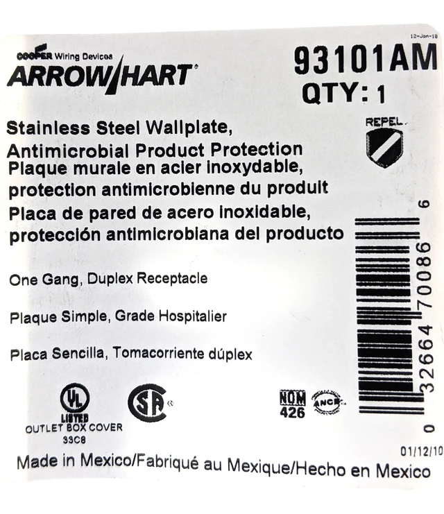 Alt view image 2 of 3 - Cooper/Arrow Hart ANTIMICROBIAL Stainless Steel Receptacle Wallplate Duplex Outlet Cover