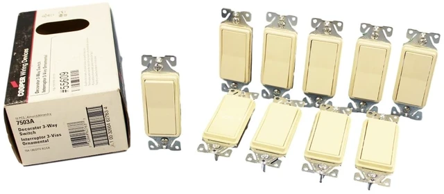Main image of Cooper Wiring Devices 7503A 3-Way Decorator Rocker Light Switch, 15A 120/277V, Back & Side Wired, Grounding, Residential Grade, Almond (Pack of 10)