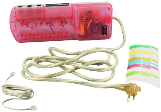 Main image of Leviton 5950-STS Modular 9-Outlet Surge Protector Power Strip With Phone Module, 120V 15A, Pink/Strawberry
