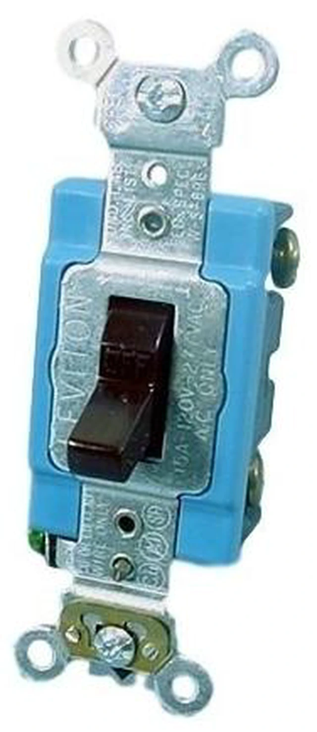 Main image of Leviton 1201-2 Single Pole Toggle Light Switch, Extra Heavy Duty Specification Grade, Grounding, Back & Side Wired, 15A 120/277V, Brown (Pack of 10)