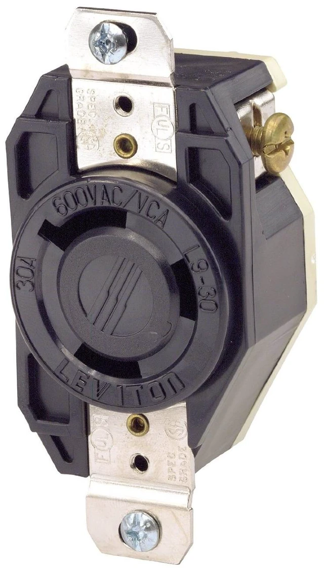 Main image of Leviton Flush Mounting Locking Receptacle, 30-Amp, 600-Volt, 2-Pole 3-Wire, Grounding, NEMA L9-30R, Industrial Grade, Grounding, V-0-MAX, 2650, Black