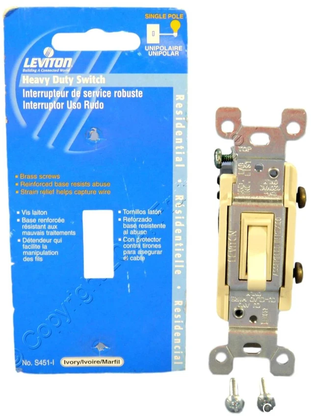 Main image of Leviton Ivory Heavy Duty Quiet Toggle Wall Light Switch 15A S451-I Carded